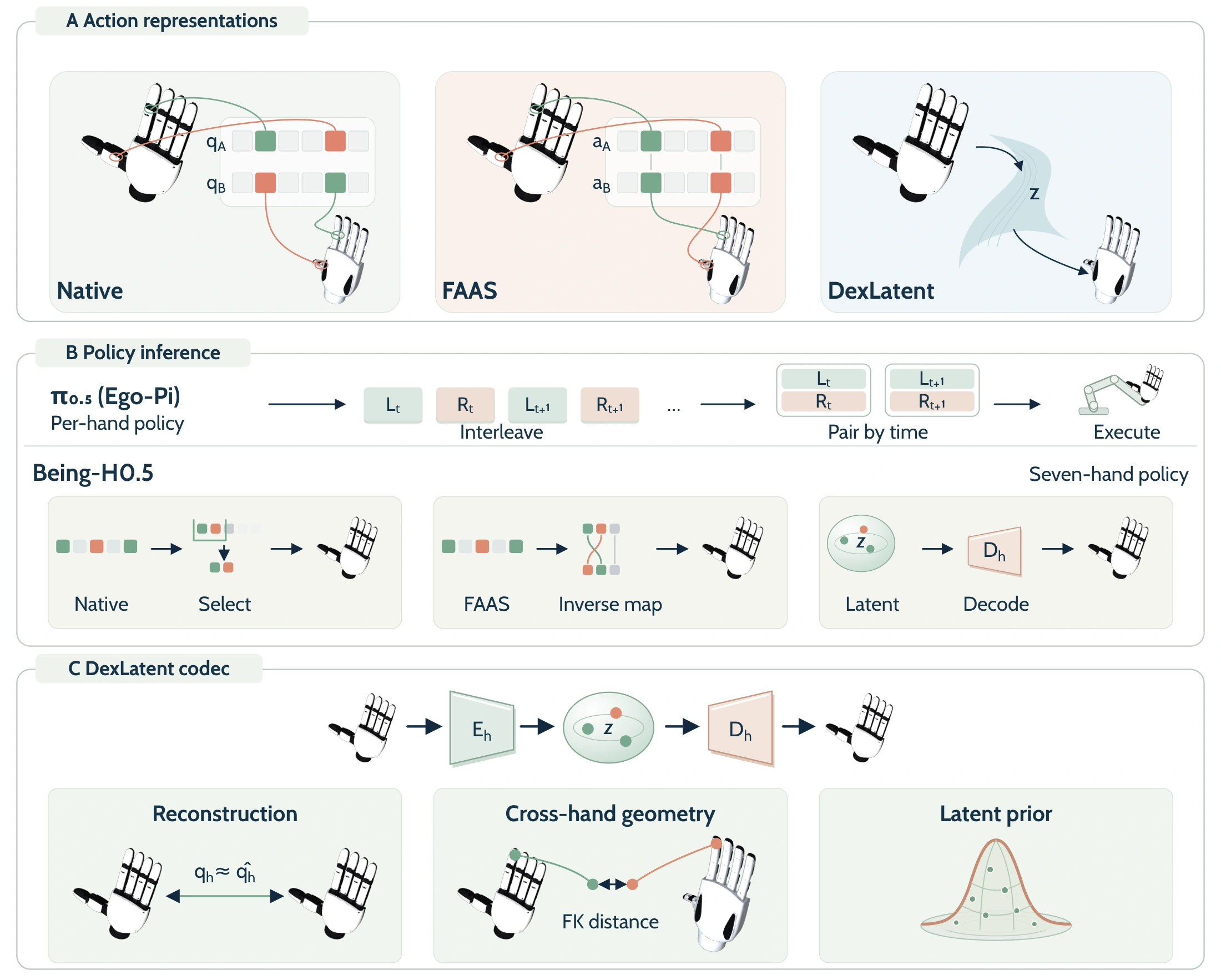 Native coordinates, function-aligned slots and latent encoders, with Ego-Pi interleaved prediction and Being-H0.5 policy inference.